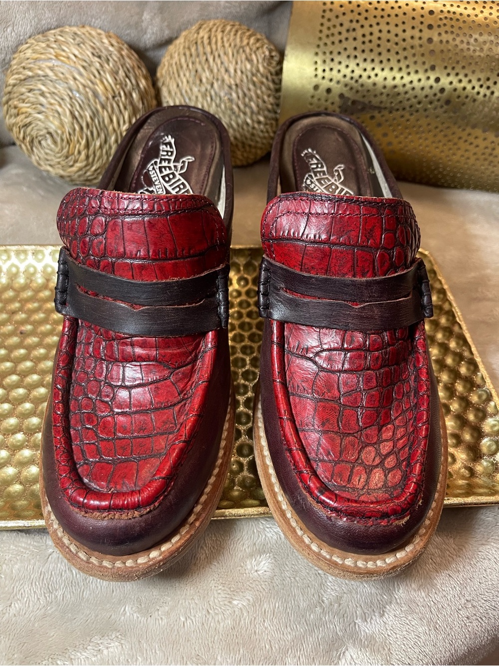 Freebird “Collins” Leather Red Croc-Embossed Mules in Wine Multi Colorway